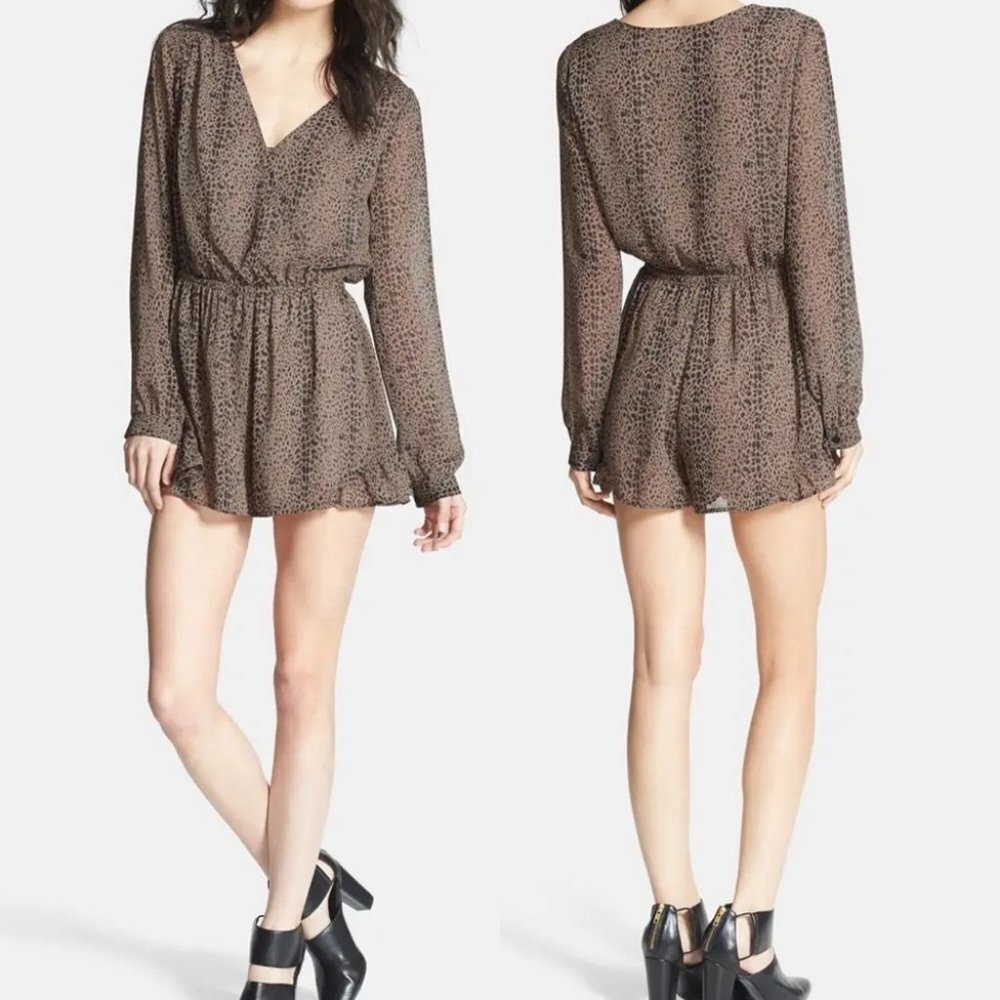ASTR Leopard Print Long Sleeve Romper Size Small Nordstrom Playsuit Brown Boho S
